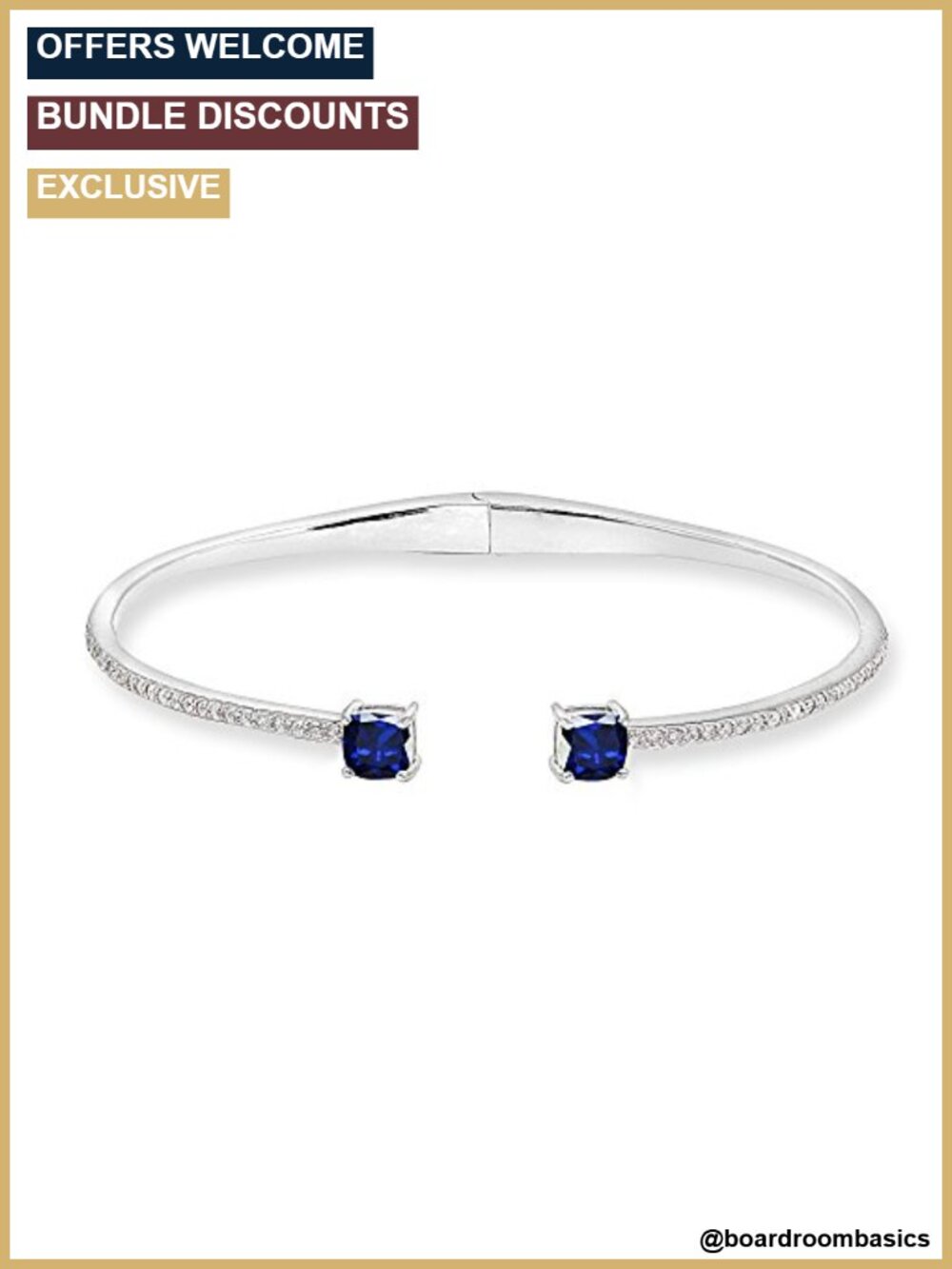 Sterling Silver Created Blue Sapphire Cushion Cuff Bangle Bracelet